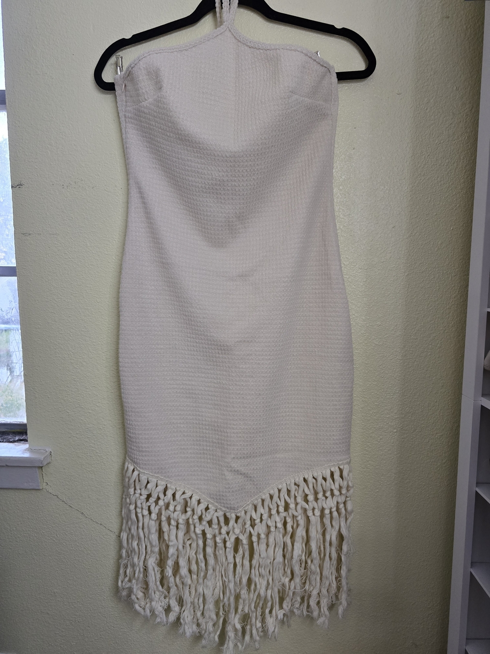 SHEIN Ivory Strapless Midi Dress with Fringe Hem